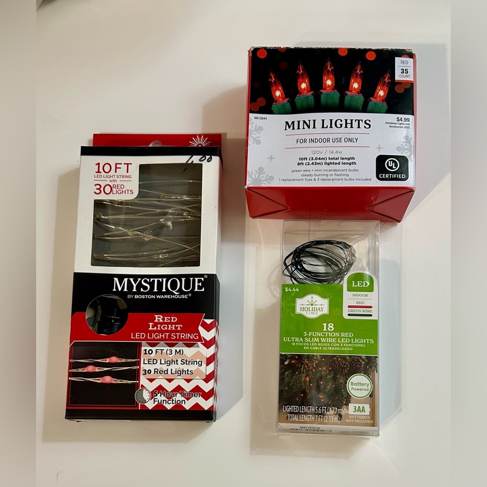 Lot of 3 - LED Red Fairy & Mini Lights Battery Operated & Corded
